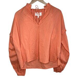 Cleobella Organic Cotton Orange Textured Long Sleeve Tie Neck Tunic Blouse S